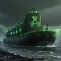 A menacing nuclearpunk tanker, adorned with radioactive symbols, lead-shielded cabins, and glowing reactors, transversing a toxic sea under a fallout-laden, dystopian sky.