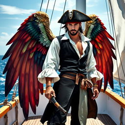 A male pirate with a rugged look, dressed in a fitted black vest and a flowing white shirt