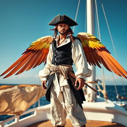 A male pirate with a rugged look, dressed in a fitted black vest and a flowing white shirt