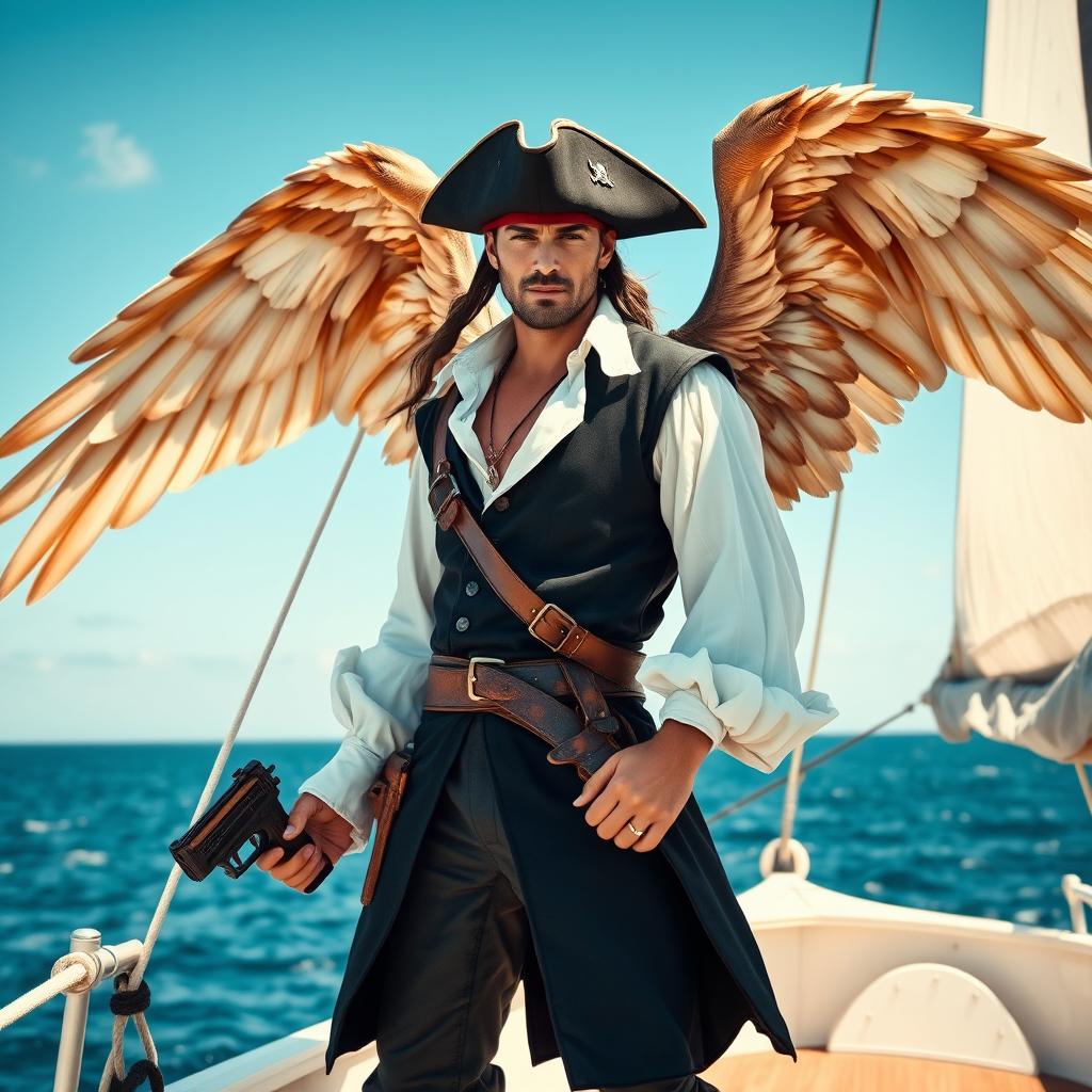 A male pirate with a rugged look, dressed in a fitted black vest and a flowing white shirt