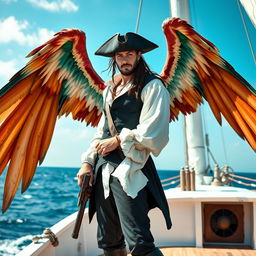 A male pirate with a rugged look, dressed in a fitted black vest and a flowing white shirt