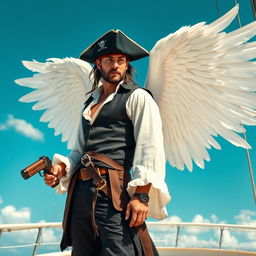 A male pirate with a rugged demeanor, clad in a fitted black vest over a flowing white shirt