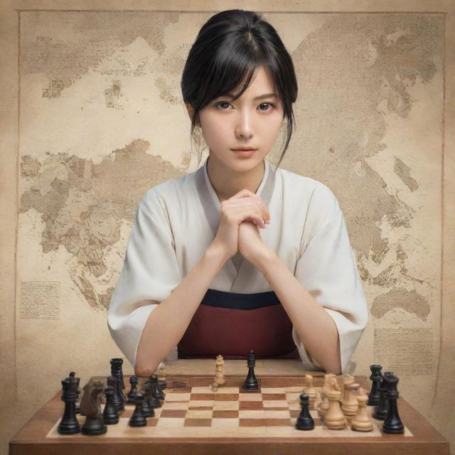 A female anime character in Japanese style, portraying a village leader with a thoughtful expression, surrounded by cues indicative of her strategic planning abilities, like a map and chess pieces.