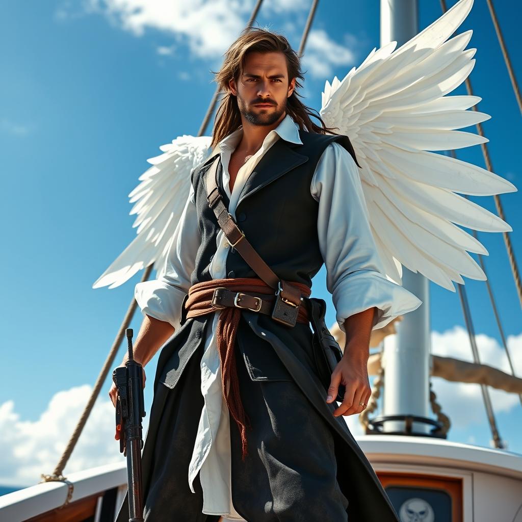 A male pirate with a rugged demeanor, clad in a fitted black vest over a flowing white shirt