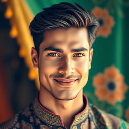 A portrait of a handsome Indian man with striking features, strong jawline, and captivating eyes, showcasing traditional attire with intricate patterns