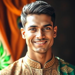 A portrait of a handsome Indian man with striking features, strong jawline, and captivating eyes, showcasing traditional attire with intricate patterns