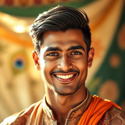 A portrait of a handsome Indian man with striking features, strong jawline, and captivating eyes, showcasing traditional attire with intricate patterns