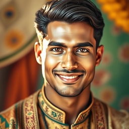 A portrait of a handsome Indian man with striking features, strong jawline, and captivating eyes, showcasing traditional attire with intricate patterns