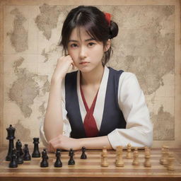 A female anime character in Japanese style, portraying a village leader with a thoughtful expression, surrounded by cues indicative of her strategic planning abilities, like a map and chess pieces.