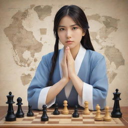 A female anime character in Japanese style, portraying a village leader with a thoughtful expression, surrounded by cues indicative of her strategic planning abilities, like a map and chess pieces.