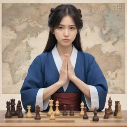 A female anime character in Japanese style, portraying a village leader with a thoughtful expression, surrounded by cues indicative of her strategic planning abilities, like a map and chess pieces.