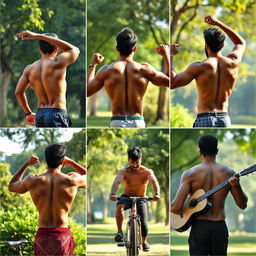 A collection of handsome Indian men showcasing their strong physiques while engaged in various activities like exercising, biking, and playing music