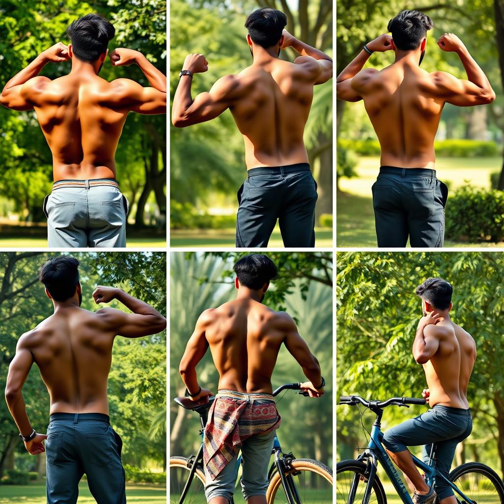 A collection of handsome Indian men showcasing their strong physiques while engaged in various activities like exercising, biking, and playing music