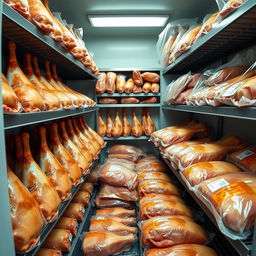 A fully stocked cold storage room filled with frozen pork legs and packaged frozen pork shoulder ready for sale