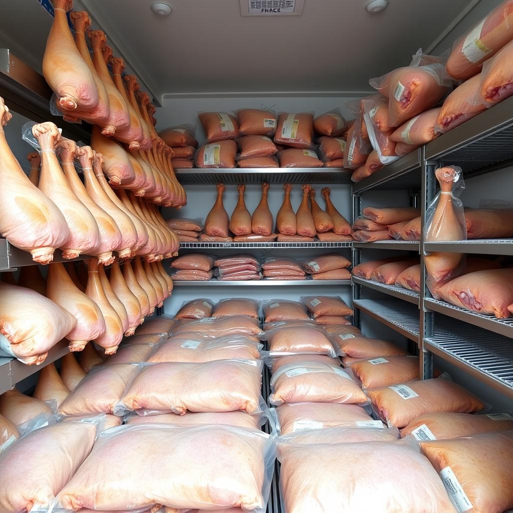 A fully stocked cold storage room filled with frozen pork legs and packaged frozen pork shoulder ready for sale