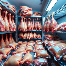 A fully stocked cold storage room filled with frozen pork legs and packaged frozen pork shoulder ready for sale