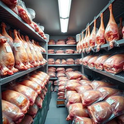 A fully stocked cold storage room filled with frozen pork legs and packaged frozen pork shoulder ready for sale