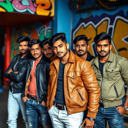 A group of good-looking Indian men wearing stylish jackets, posing confidently without showing their faces