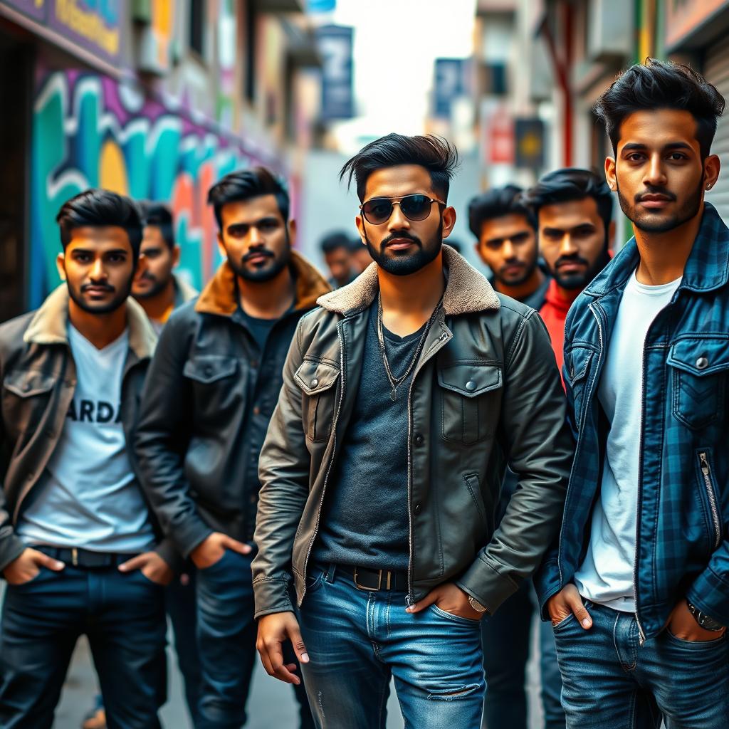 A group of good-looking Indian men wearing stylish jackets, posing confidently without showing their faces