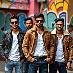 A group of good-looking Indian men wearing stylish jackets, posing confidently without showing their faces