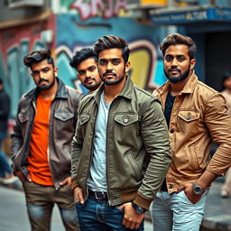 A group of good-looking Indian men wearing stylish jackets, posing confidently without showing their faces