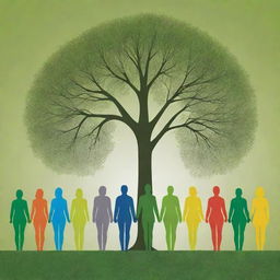 Design a high-definition, modern, and bright representation of unity in diversity. Feature abstract human forms with backs turned, united in environmental actions like tree planting within a vibrant green landscape. The style, non-cartoony and contemporary, highlights collective responsibility and the impact of unity for a sustainable future.