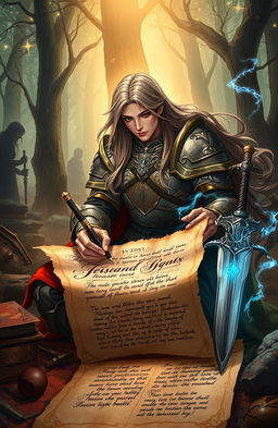 A fantasy-themed illustration depicting the final moment of a legendary hero as they pen their last testament, surrounded by an ethereal glow