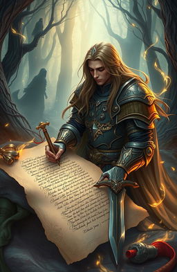 A fantasy-themed illustration depicting the final moment of a legendary hero as they pen their last testament, surrounded by an ethereal glow