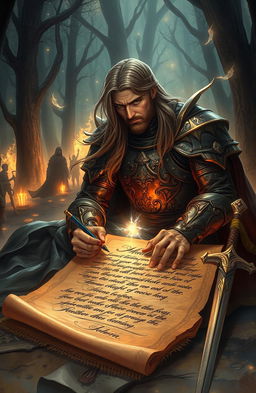 A fantasy-themed illustration depicting the final moment of a legendary hero as they pen their last testament, surrounded by an ethereal glow