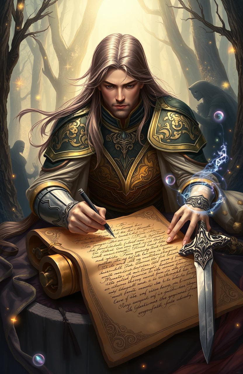 A fantasy-themed illustration depicting the final moment of a legendary hero as they pen their last testament, surrounded by an ethereal glow