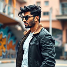 A good-looking single Indian man wearing a stylish jacket, standing confidently with his face turned away, showcasing his well-built physique and the fashionable details of his jacket