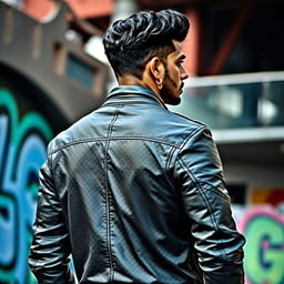 A good-looking single Indian man wearing a stylish jacket, standing confidently with his face turned away, showcasing his well-built physique and the fashionable details of his jacket