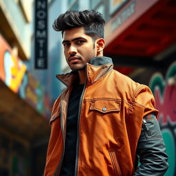 A good-looking single Indian man wearing a stylish jacket, standing confidently with his face turned away, showcasing his well-built physique and the fashionable details of his jacket