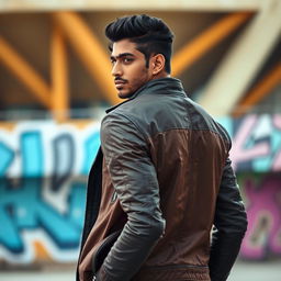 A good-looking single Indian man wearing a stylish jacket, standing confidently with his face turned away, showcasing his well-built physique and the fashionable details of his jacket