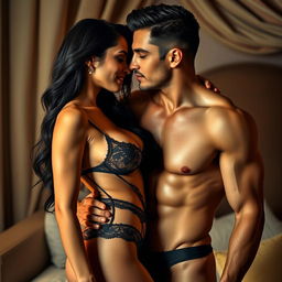 A sensual and intimate scene featuring a sexy woman and a handsome man in a romantic setting