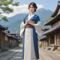 A commanding female anime character in Japanese style, acting as a village leader. She stands tall and confidently, her attire reflecting her status, and the village stretching out behind her.