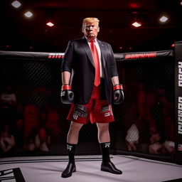 Re-imagine the earlier image of Donald Trump in a UFC debut with him specifically wearing Venum fighting shorts while standing assertively in the octagon.