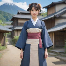 A commanding female anime character in Japanese style, acting as a village leader. She stands tall and confidently, her attire reflecting her status, and the village stretching out behind her.