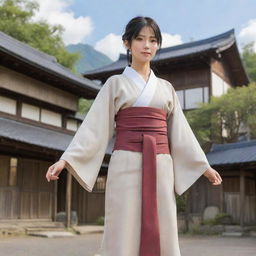 A commanding female anime character in Japanese style, acting as a village leader. She stands tall and confidently, her attire reflecting her status, and the village stretching out behind her.