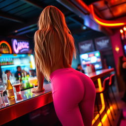 A striking blonde woman from behind, wearing tight pink hotpants, bending over a stylish bar counter in a lively nightlife setting