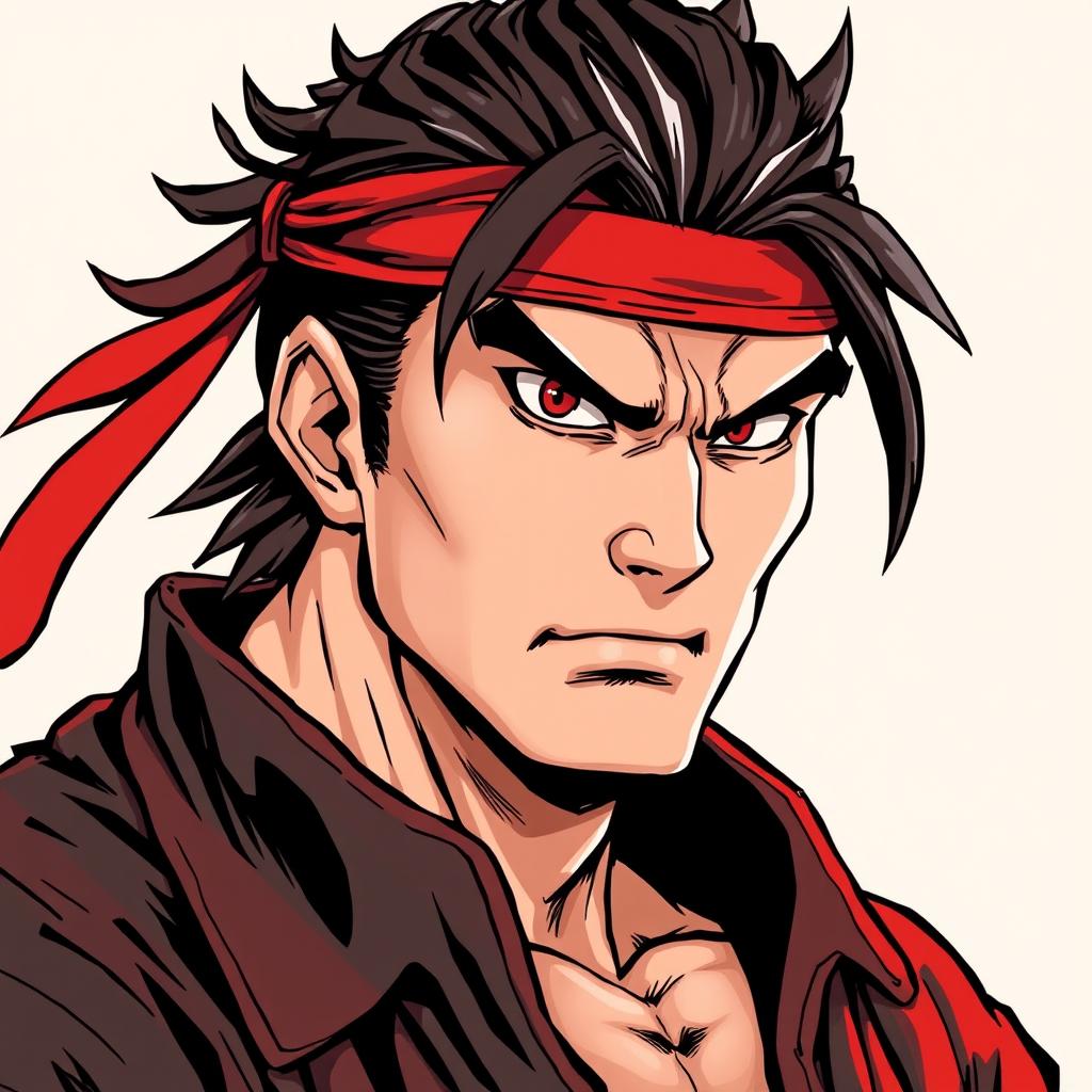 A detailed illustration of the character Honda from Street Fighter, focusing on his facial features with a bold color scheme of black and red