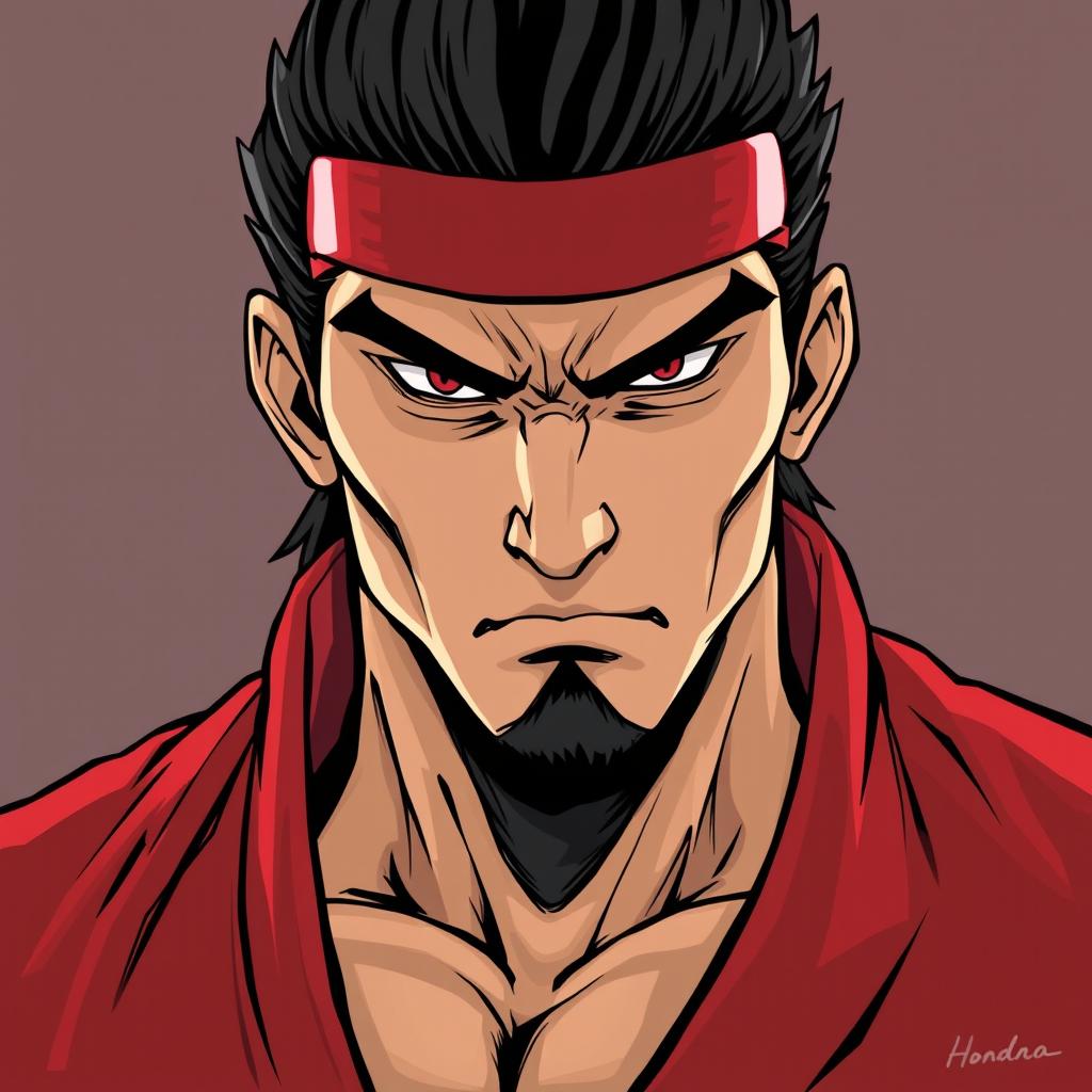 A detailed illustration of the character Honda from Street Fighter, focusing on his facial features with a bold color scheme of black and red