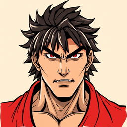 A detailed illustration of the character Honda from Street Fighter, focusing on his facial features with a bold color scheme of black and red