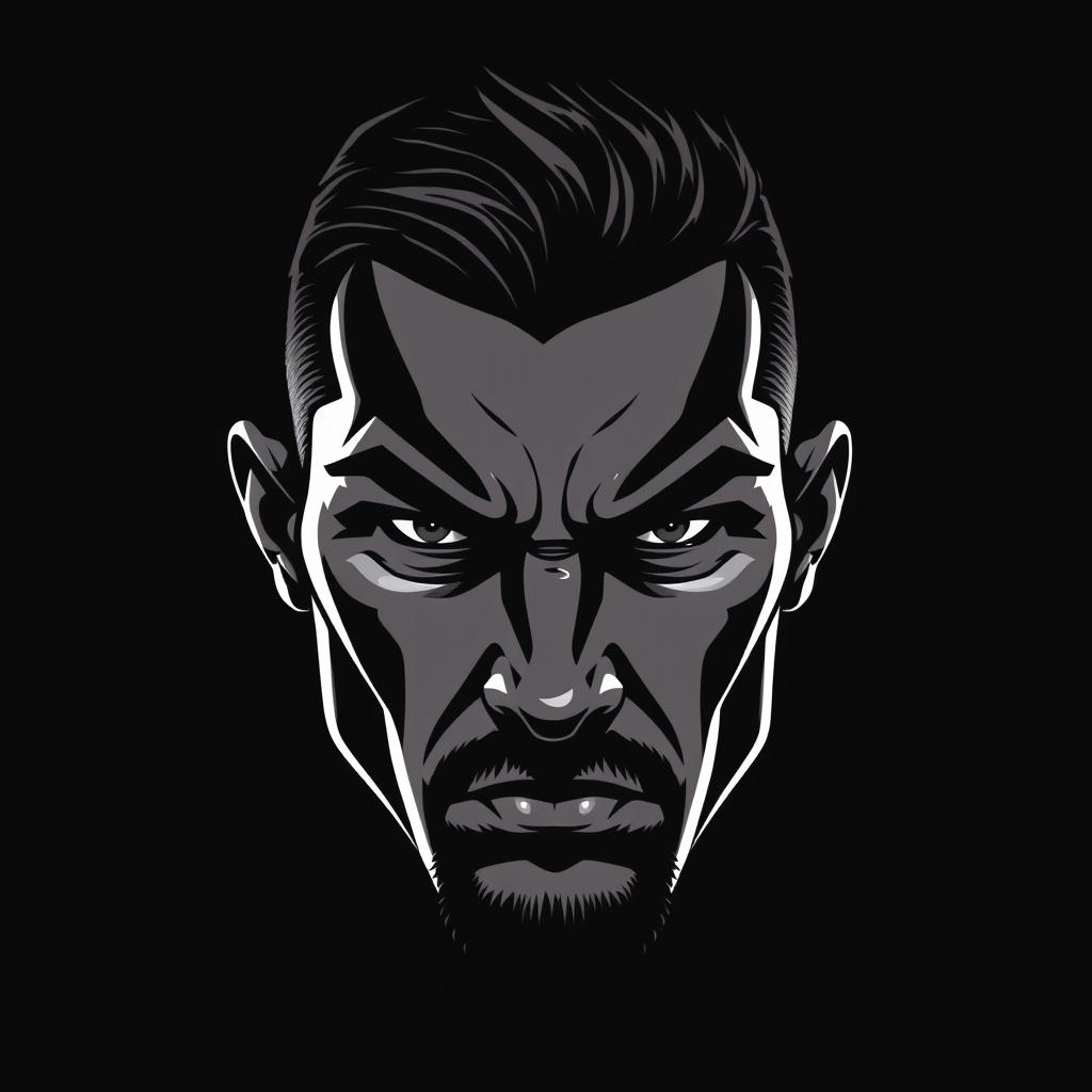 A sharp and detailed illustration of a fighter's face, creatively rendered in a dominant black color scheme