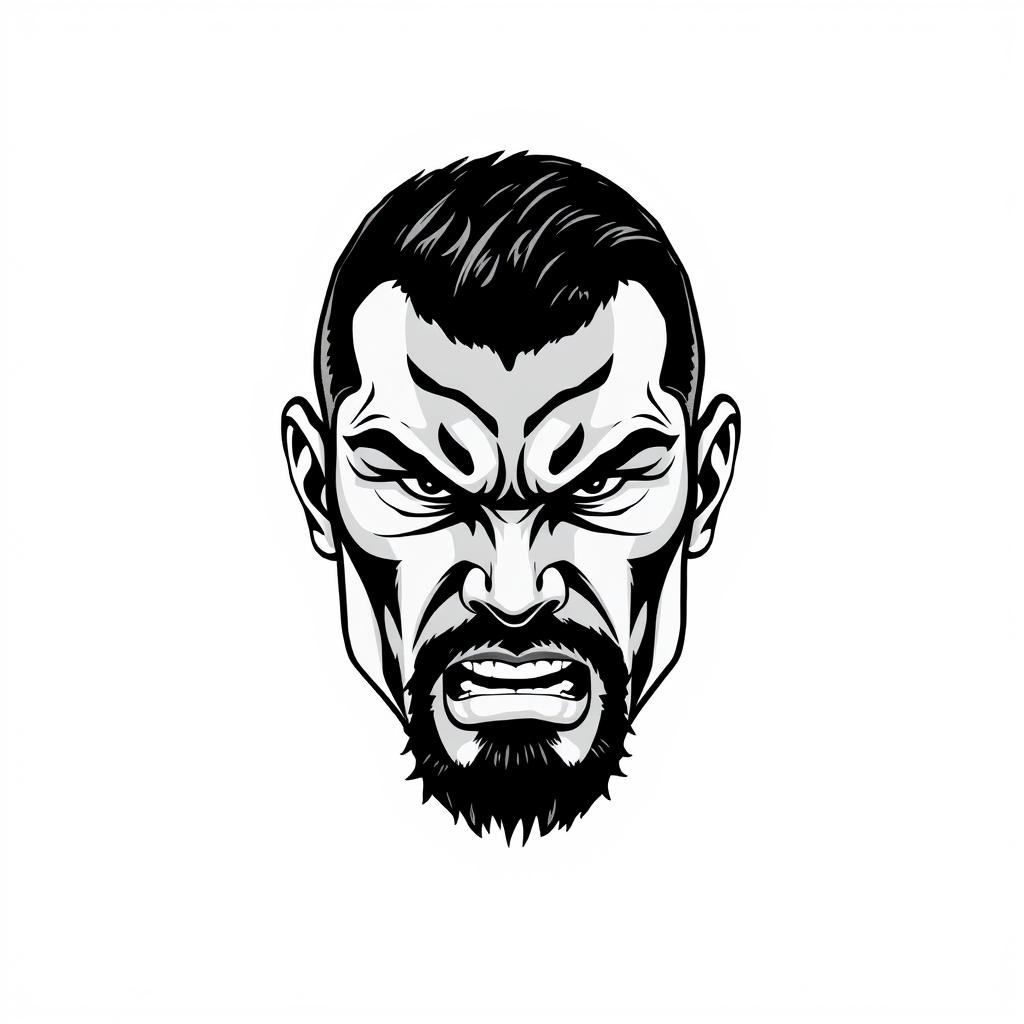 A sharp and detailed illustration of a fighter's face, rendered in a dominant black color scheme against a crisp white background