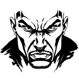 A sharp and detailed illustration of a fighter's face, rendered in a dominant black color scheme against a crisp white background