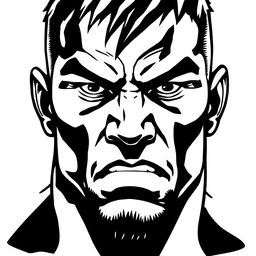 A sharp and detailed illustration of a fighter's face, rendered in a dominant black color scheme against a crisp white background