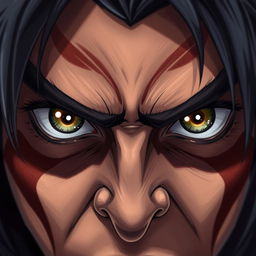 A full HD close-up illustration of fierce warrior eyes, capturing a powerful and intense gaze that conveys strength, determination, and a battle-ready spirit