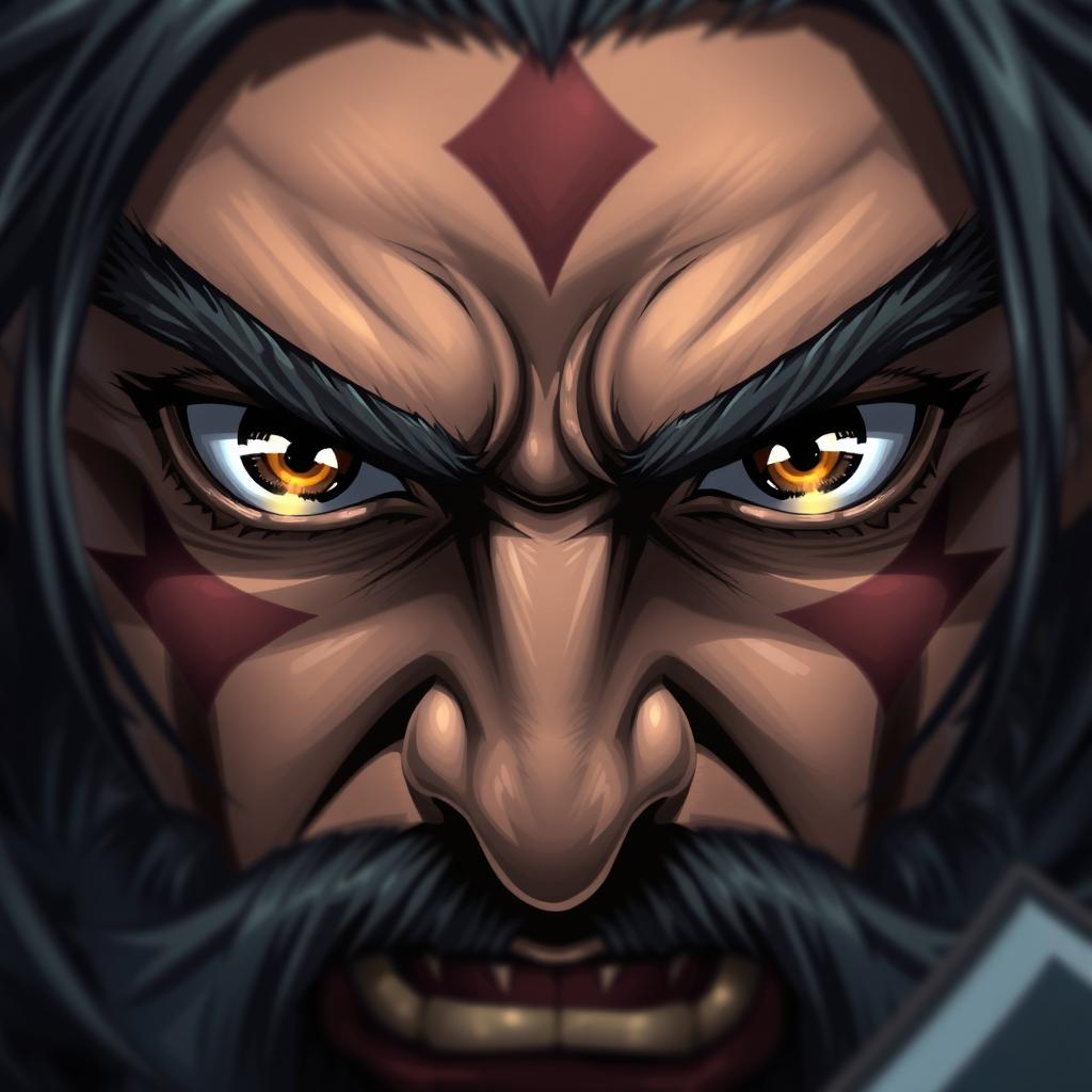 A full HD close-up illustration of fierce warrior eyes, capturing a powerful and intense gaze that conveys strength, determination, and a battle-ready spirit