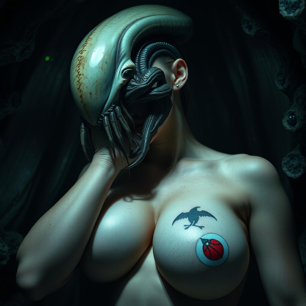 A facehugger alien from Alien Romulus attached to a white woman's face, her big breasts prominently displayed with a tattoo on them